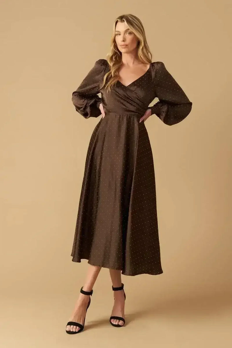 ROMANTIC LOVE - BROWN - LONG SLEEVE MIDI DRESS - FINAL SALE