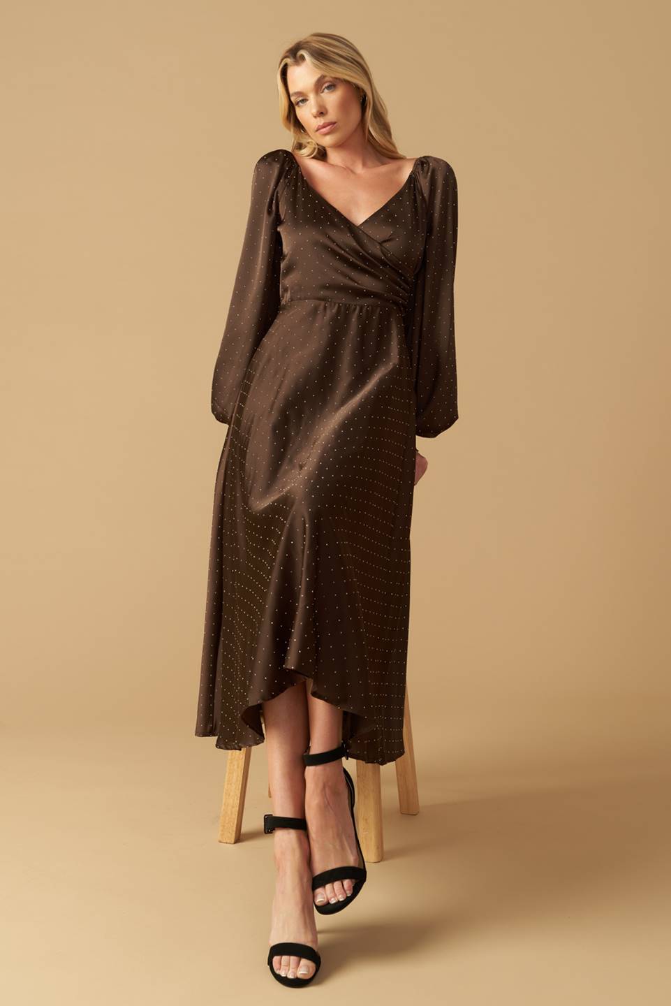 Lady Black Tie - Romantic Love - Brown Long Sleeve Midi Dress - Size 2x Lady Black Tie - Romantic Love - Brown Long Sleeve Midi Dress - Size 2x