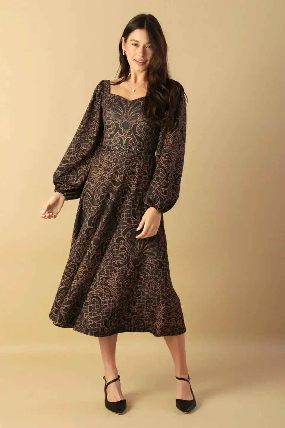 RUSTIC ALLURE BROWN MIDI DRESS