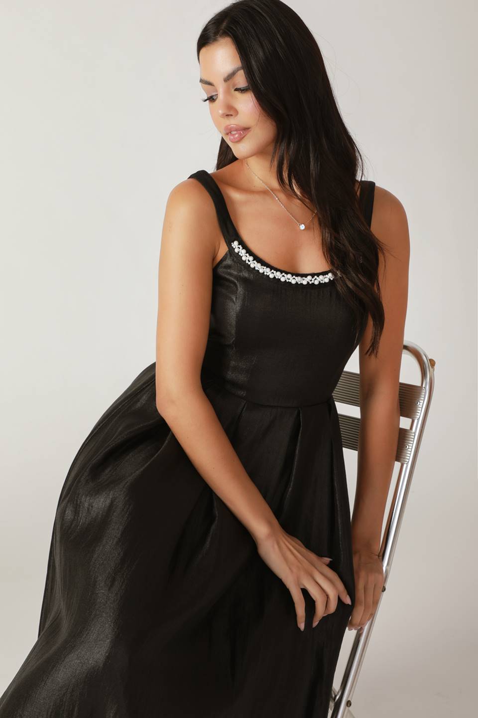 Lady Black Tie - Pearl Trim Black Satin Midi Dress - Size L Lady Black Tie - Pearl Trim Black Satin Midi Dress - Size L