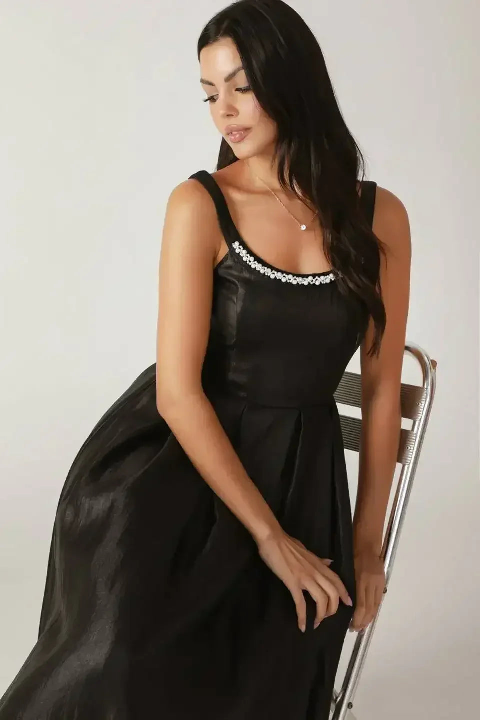 PEARL TRIM BLACK SATIN MIDI DRESS - FINAL SALE