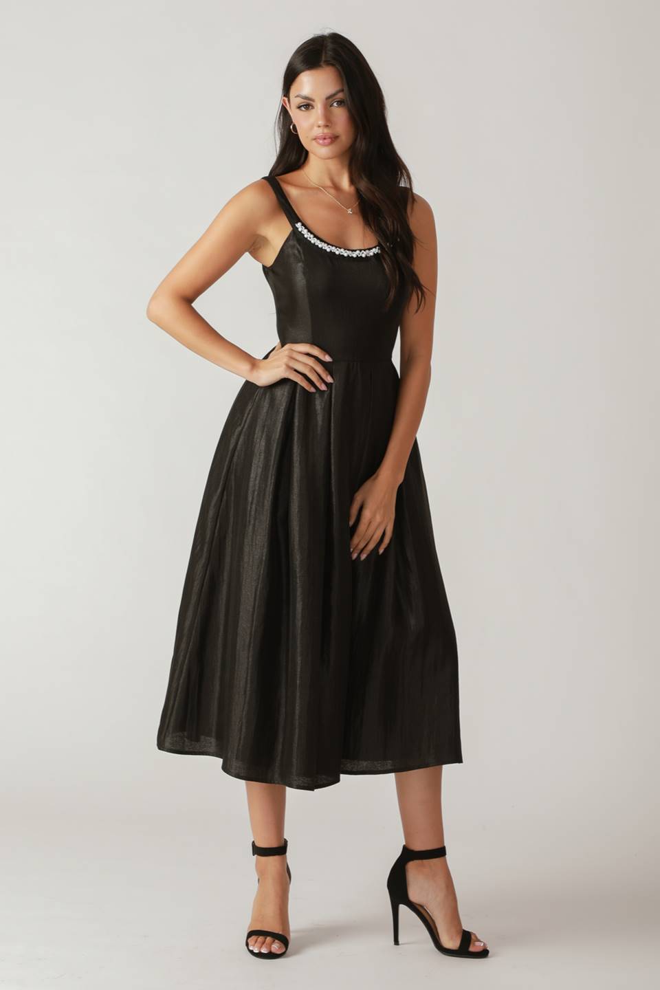 Lady Black Tie - Pearl Trim Black Satin Midi Dress - Size L Lady Black Tie - Pearl Trim Black Satin Midi Dress - Size L