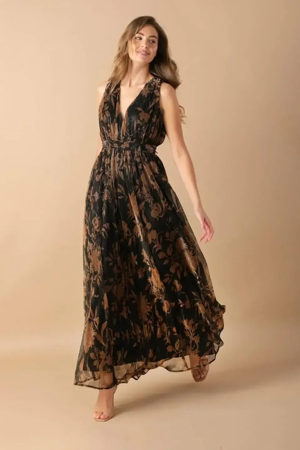 EVERYDAY HUSTLE METALLIC MICRO PLEAT BROWN MAXI DRESS - FINAL SALE