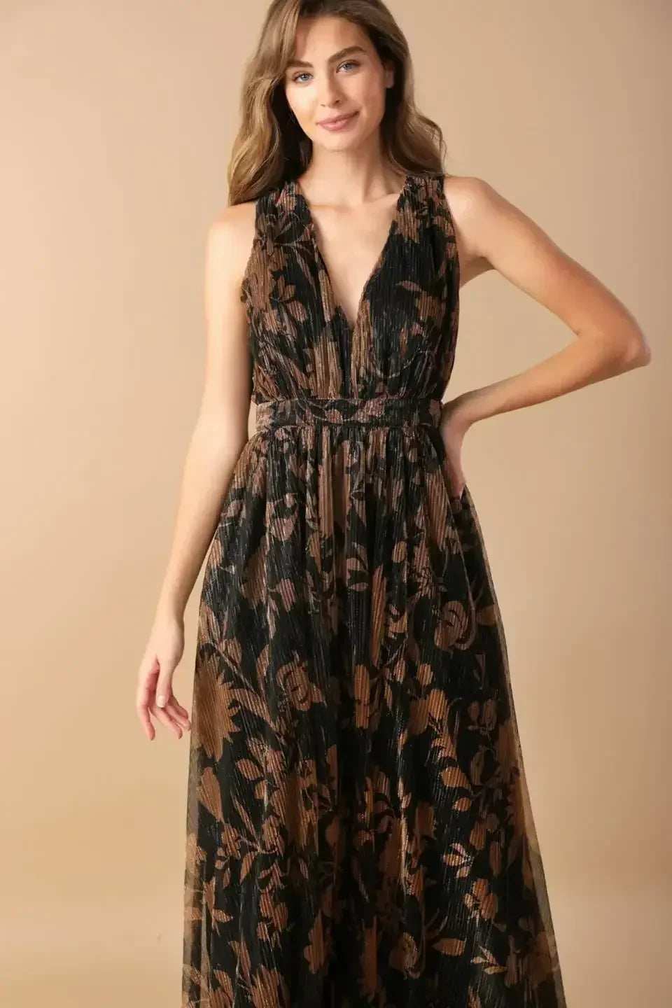 EVERYDAY HUSTLE METALLIC MICRO PLEAT BROWN MAXI DRESS - FINAL SALE