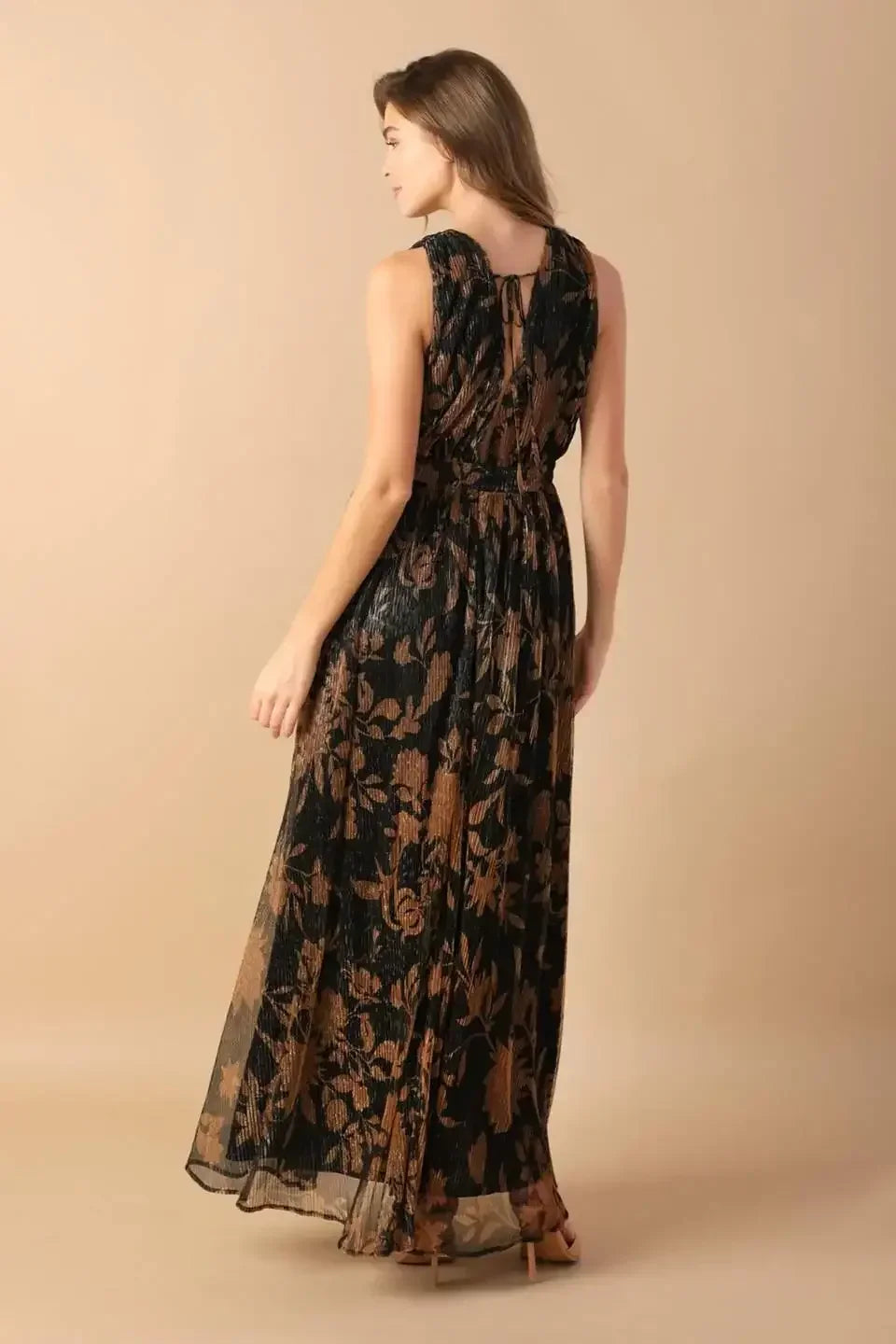 EVERYDAY HUSTLE METALLIC MICRO PLEAT BROWN MAXI DRESS - FINAL SALE