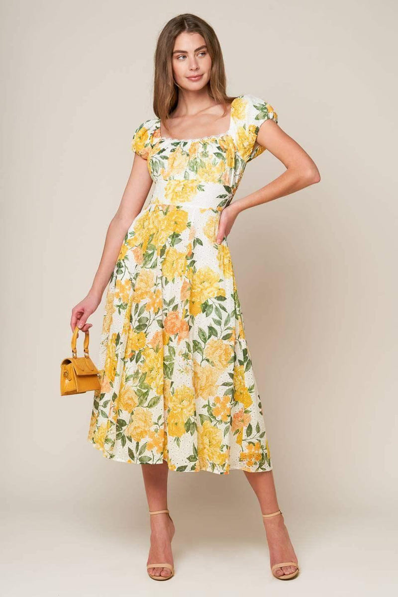 GARDEN OF DREAMS - YELLOW - EYELET MIDI DRESS