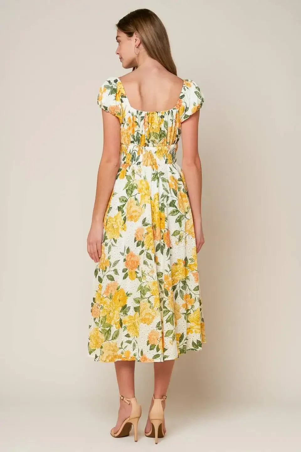 GARDEN OF DREAMS - YELLOW - EYELET MIDI DRESS