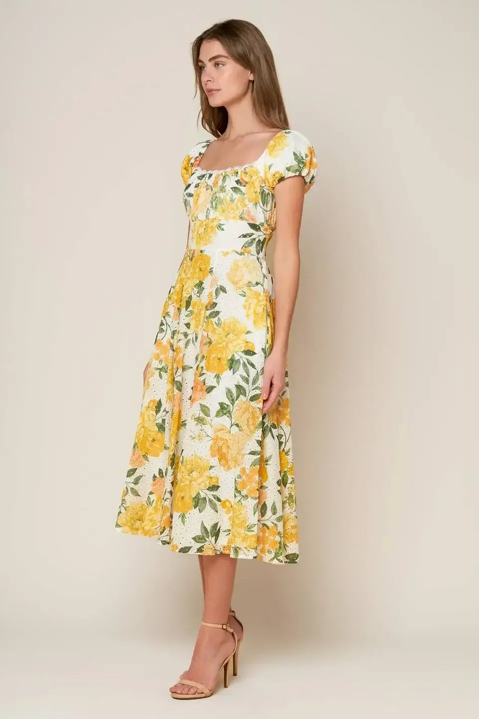 GARDEN OF DREAMS - YELLOW - EYELET MIDI DRESS