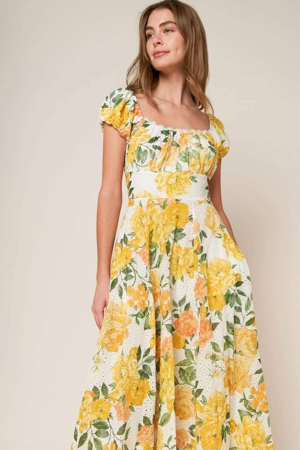 GARDEN OF DREAMS - YELLOW - EYELET MIDI DRESS