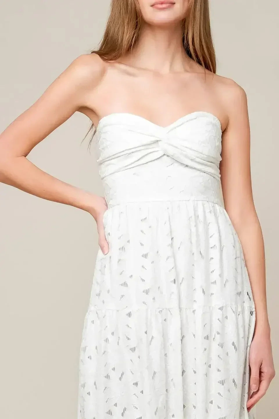 WISHING WELL - STRAPLESS WHITE LACE MAXI DRESS