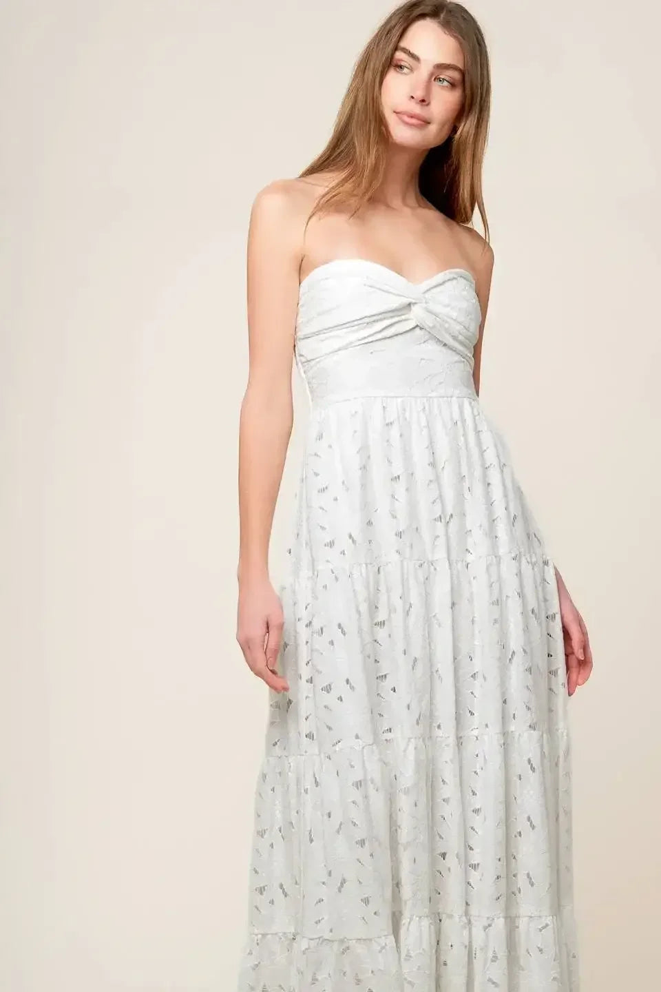 WISHING WELL - STRAPLESS WHITE LACE MAXI DRESS