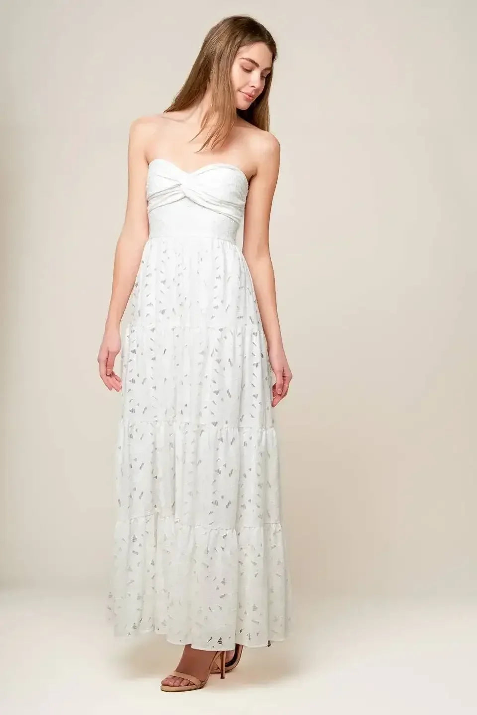WISHING WELL - STRAPLESS WHITE LACE MAXI DRESS