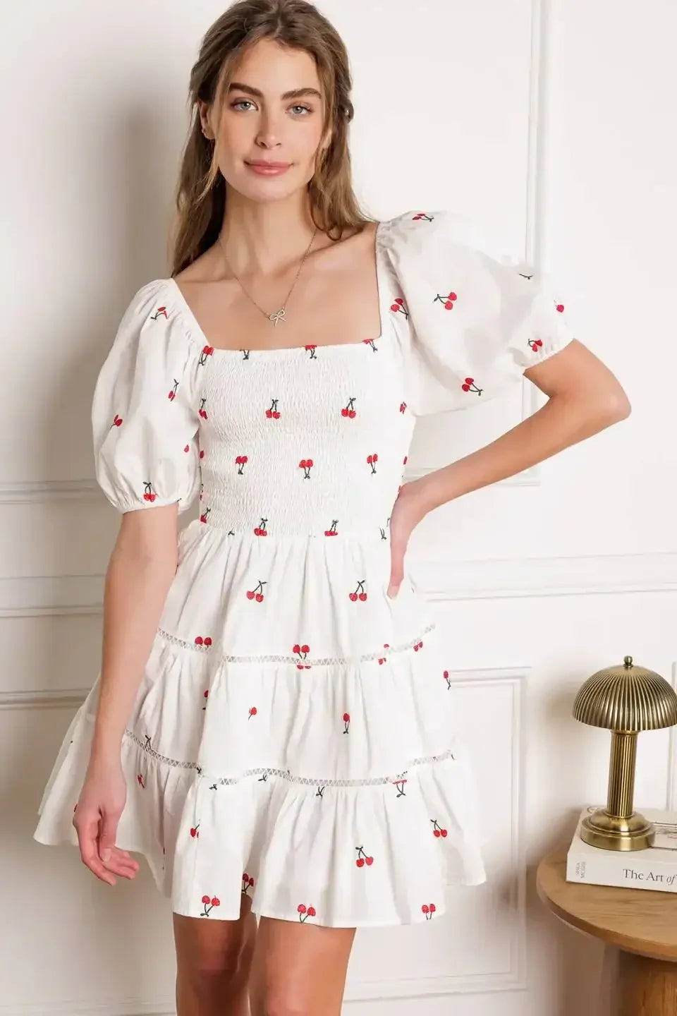 SUMMER DAYDREAMS CHERRY EMBROIDERED MINI DRESS