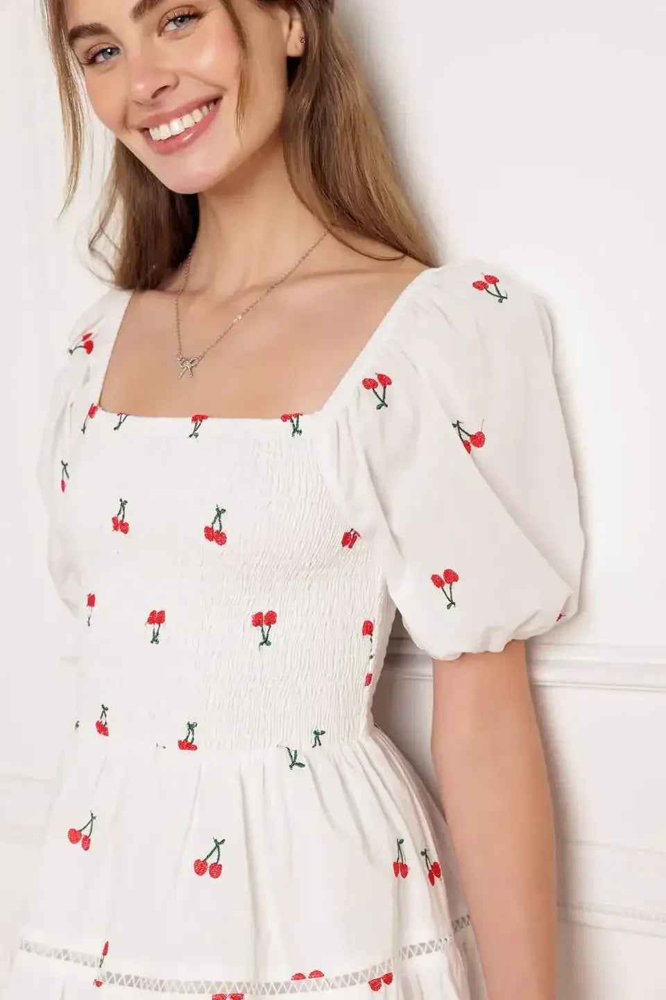 SUMMER DAYDREAMS CHERRY EMBROIDERED MINI DRESS