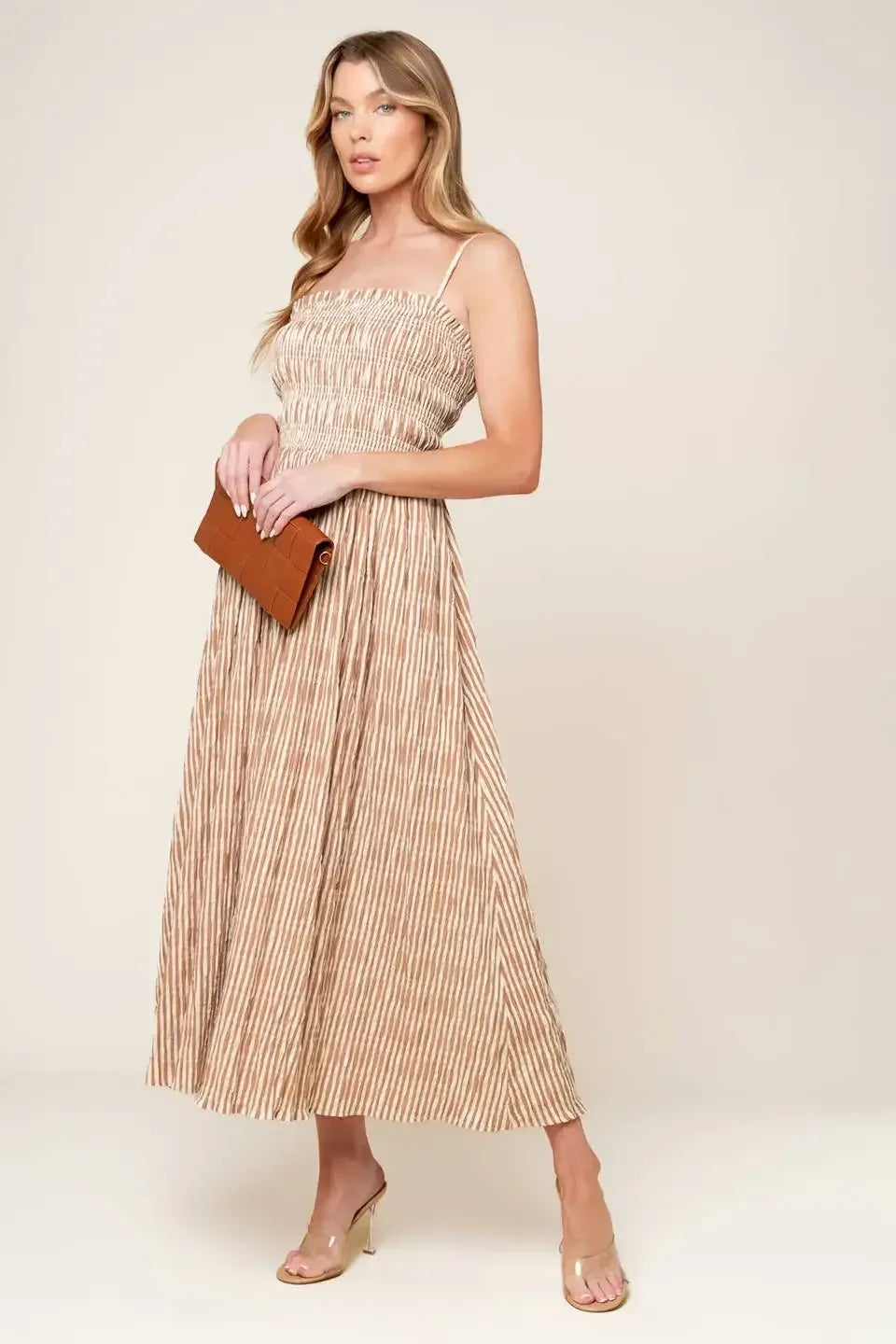 VALHALLA BROWN STRIPED MIDI DRESS