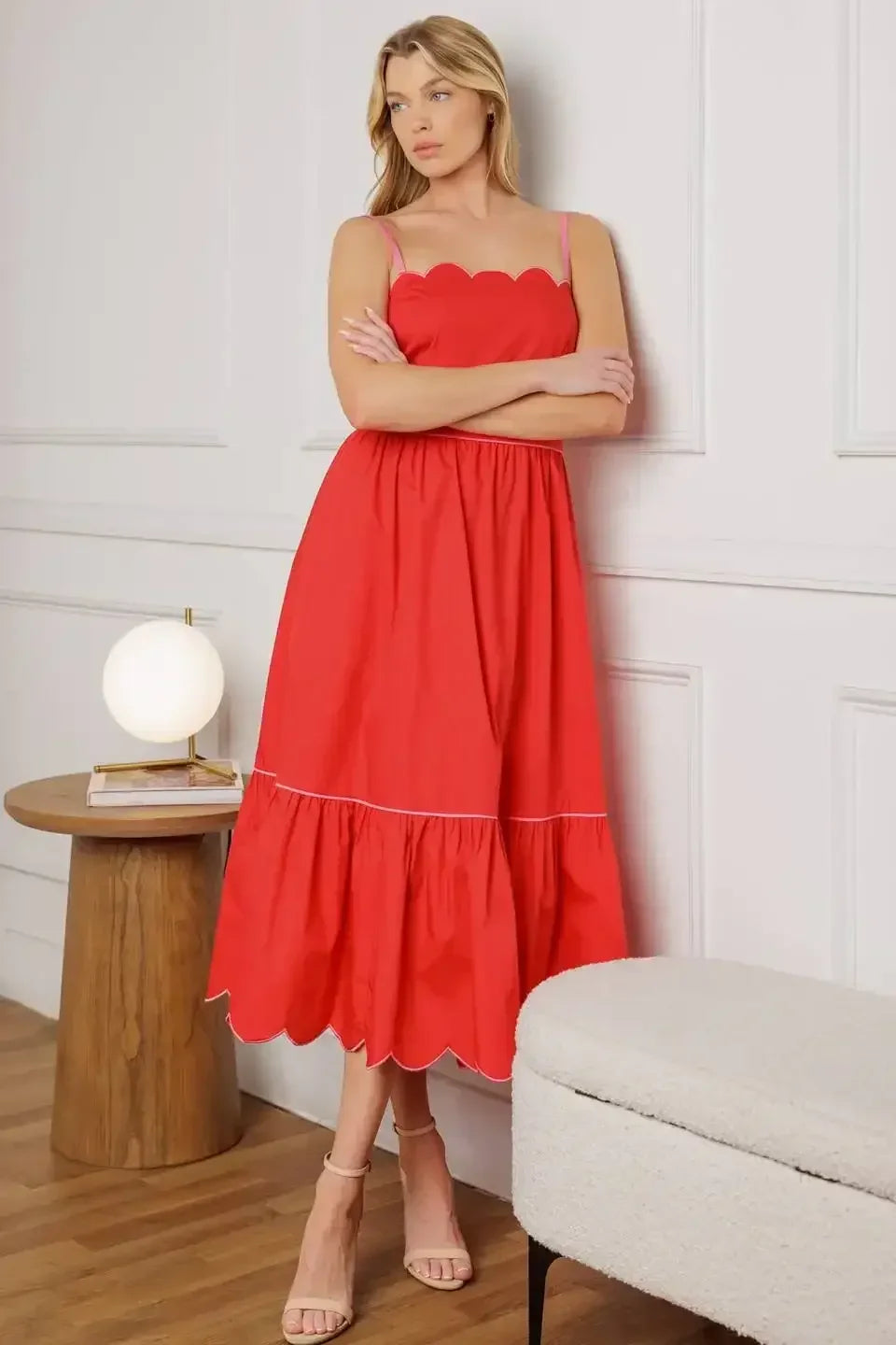 SWEET DREAMS - RED & PINK - SCALLOPED EDGE MIDI DRESS