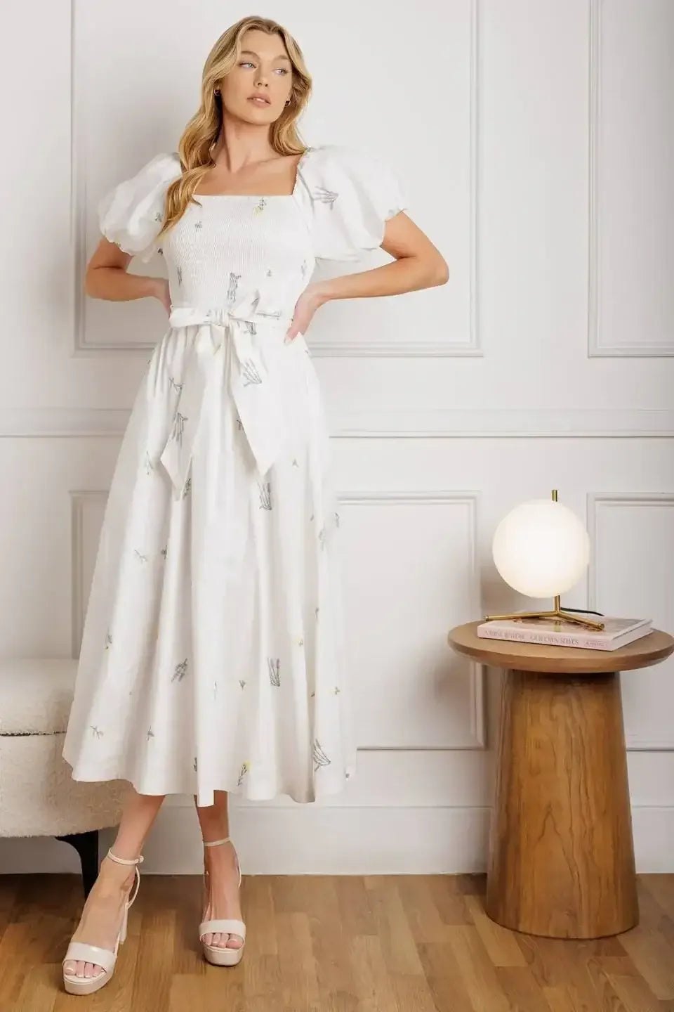 PETITE FLOWERS EMBROIDERED MIDI DRESS