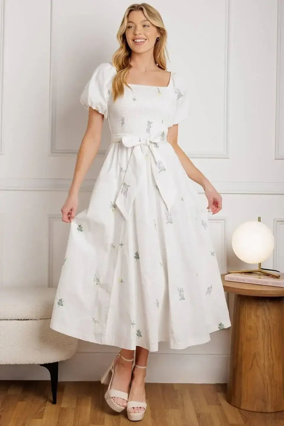 PETITE FLOWERS EMBROIDERED MIDI DRESS