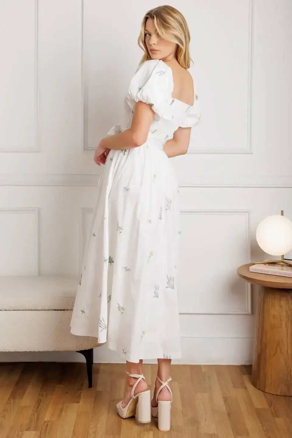 PETITE FLOWERS EMBROIDERED MIDI DRESS