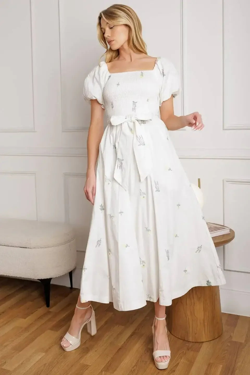 PETITE FLOWERS EMBROIDERED MIDI DRESS