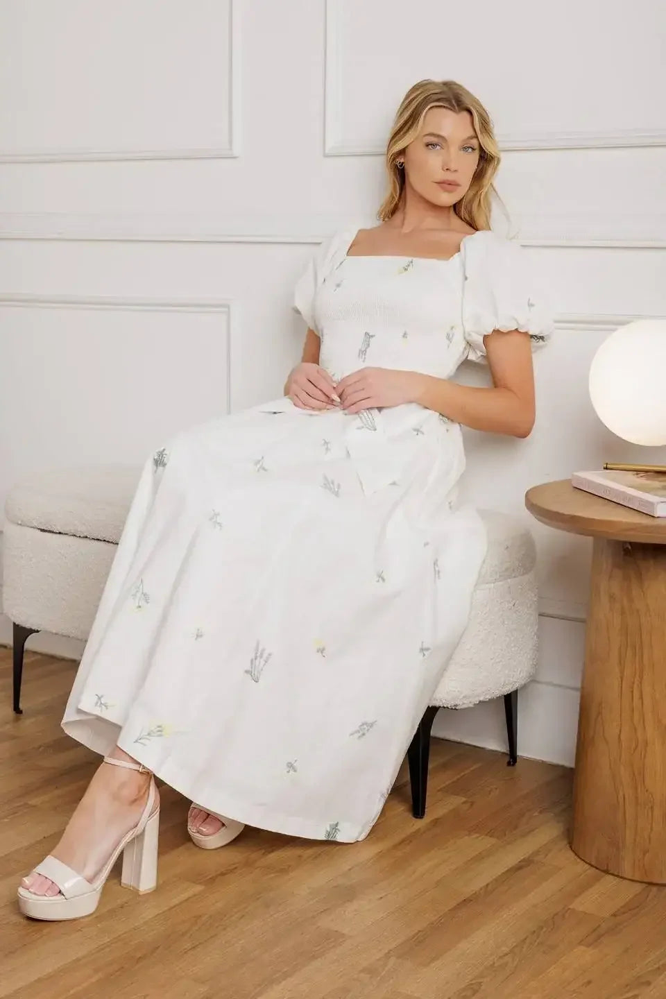 PETITE FLOWERS EMBROIDERED MIDI DRESS