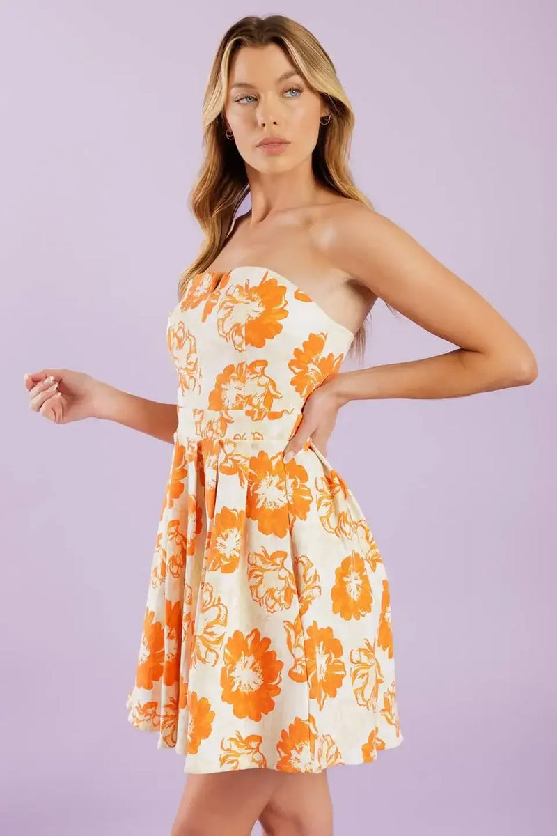 TANGERINE MIMOSAS ORANGE FLORAL MINI DRESS
