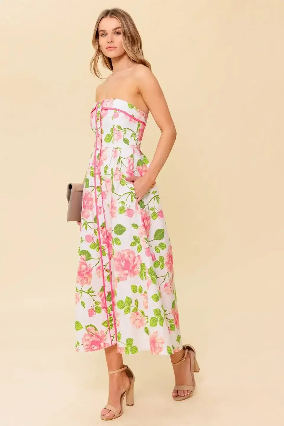 SUNDAY AFTERNOON - PINK FLORAL STRAPLESS MIDI DRESS