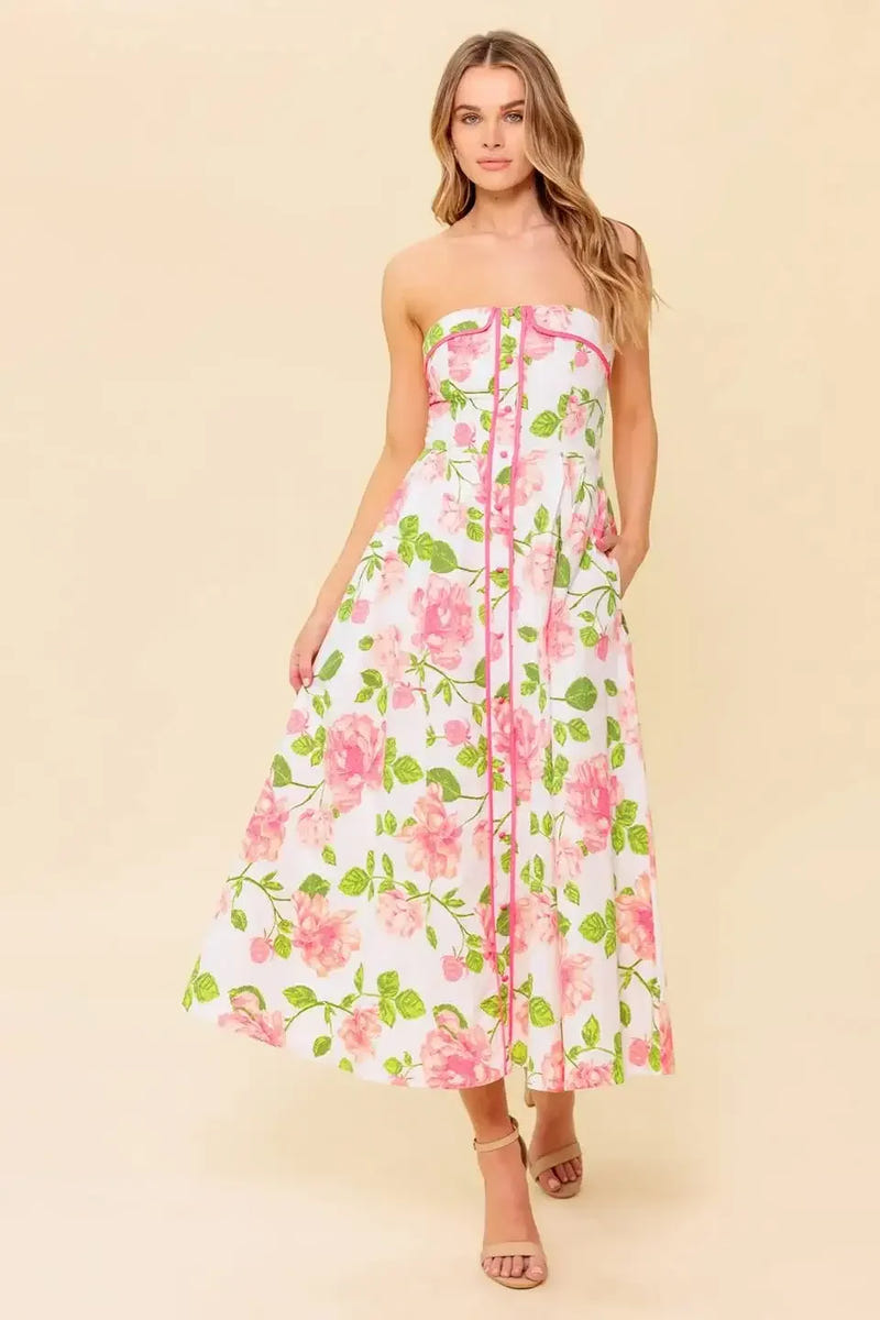 SUNDAY AFTERNOON - PINK FLORAL STRAPLESS MIDI DRESS