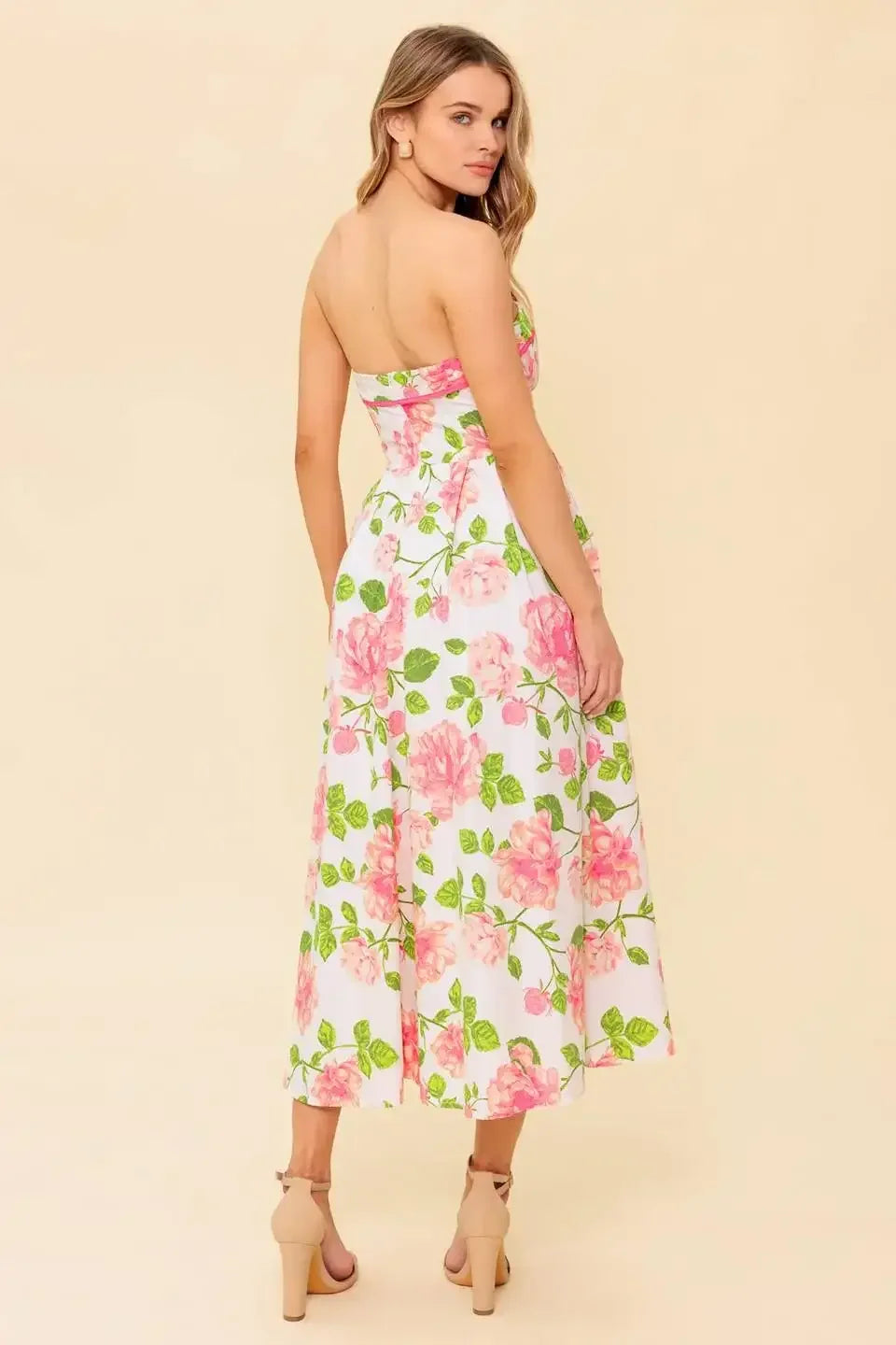 SUNDAY AFTERNOON - PINK FLORAL STRAPLESS MIDI DRESS