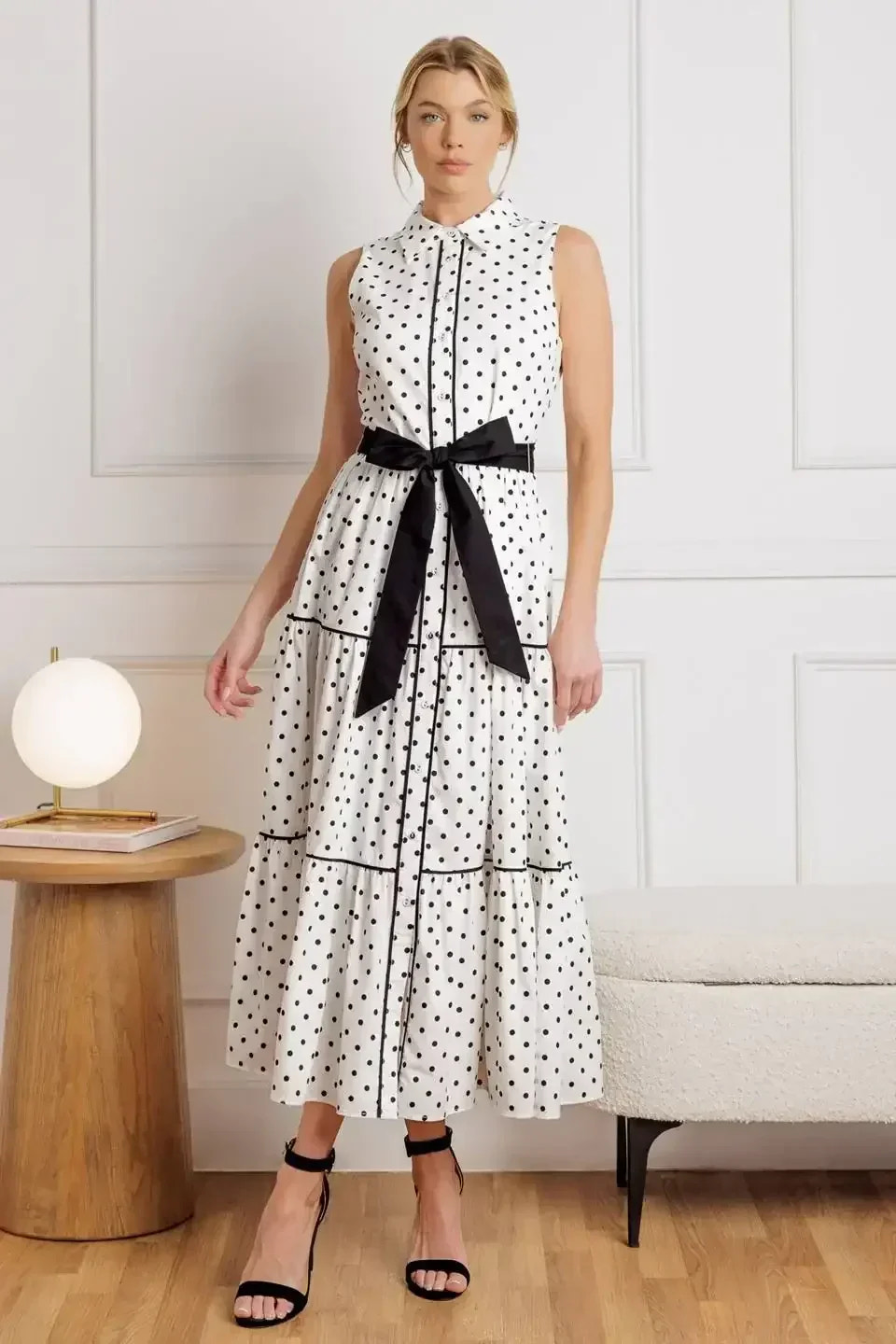 RETRO DOTS - WHITE & BLACK POLKA DOT MIDI DRESS