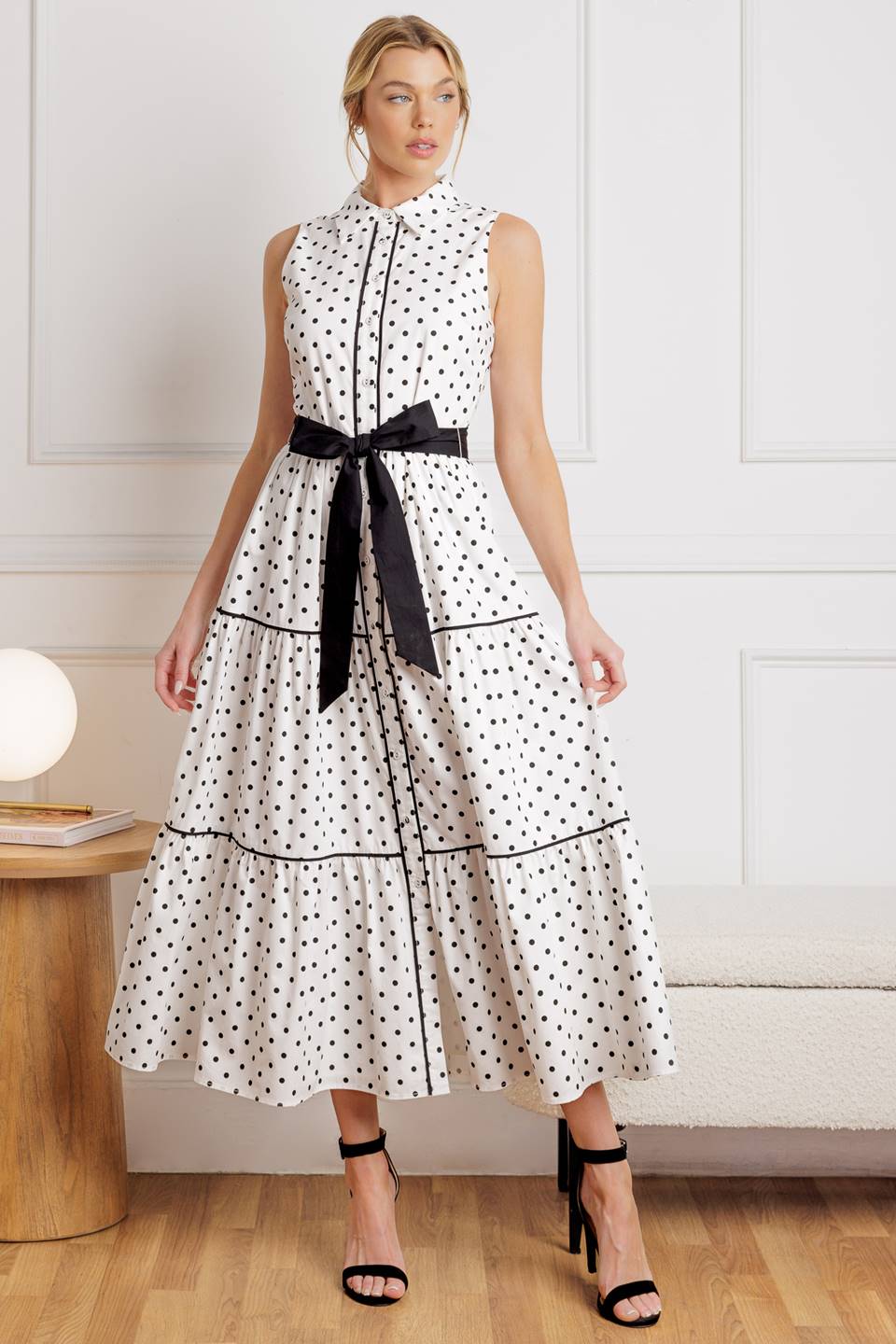 WHITE & BLACK RETRO DOTS MIDI DRESS | LADY BLACK TIE WHITE & BLACK RETRO DOTS MIDI DRESS | LADY BLACK TIE