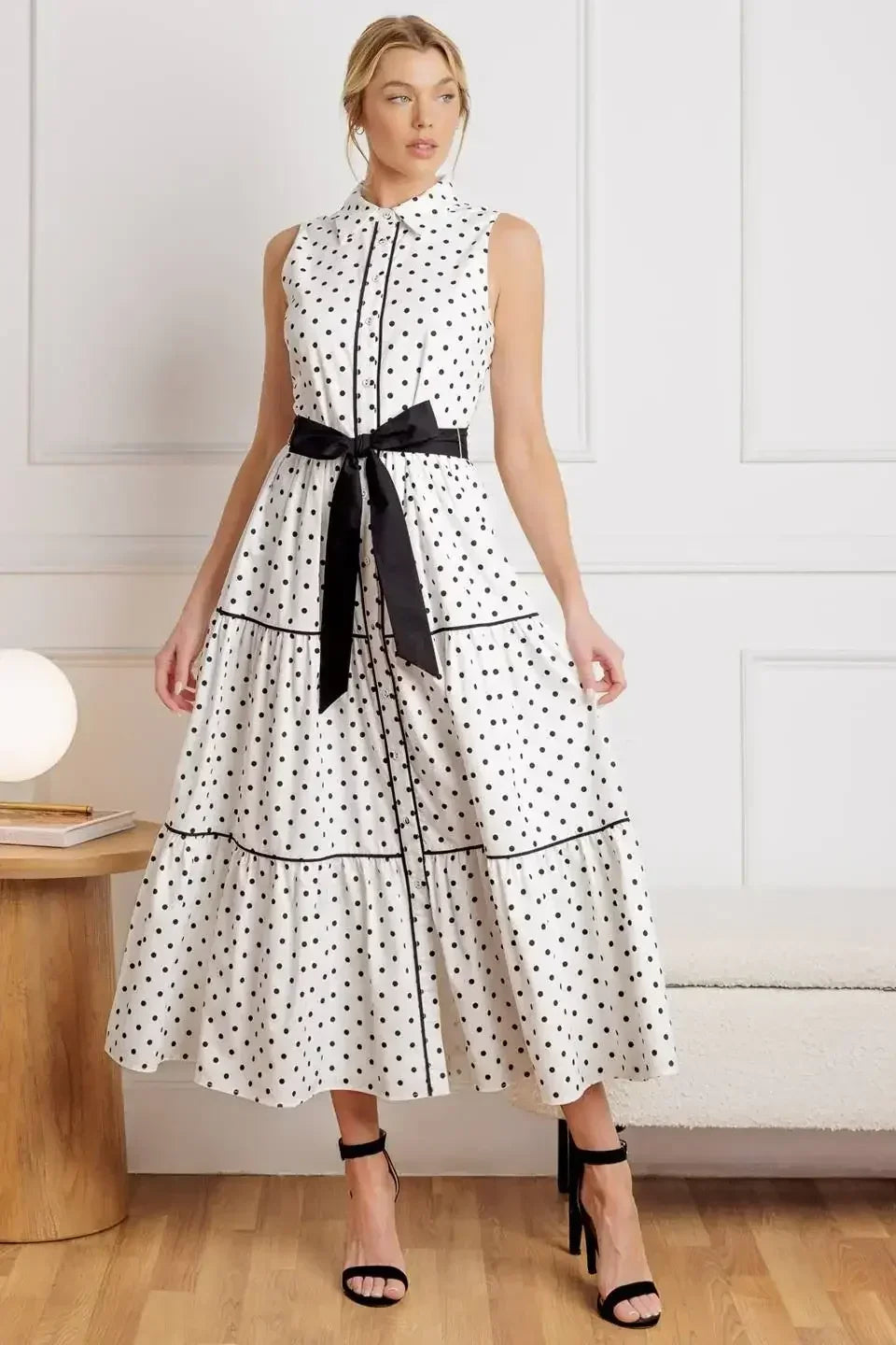 RETRO DOTS - WHITE & BLACK POLKA DOT MIDI DRESS