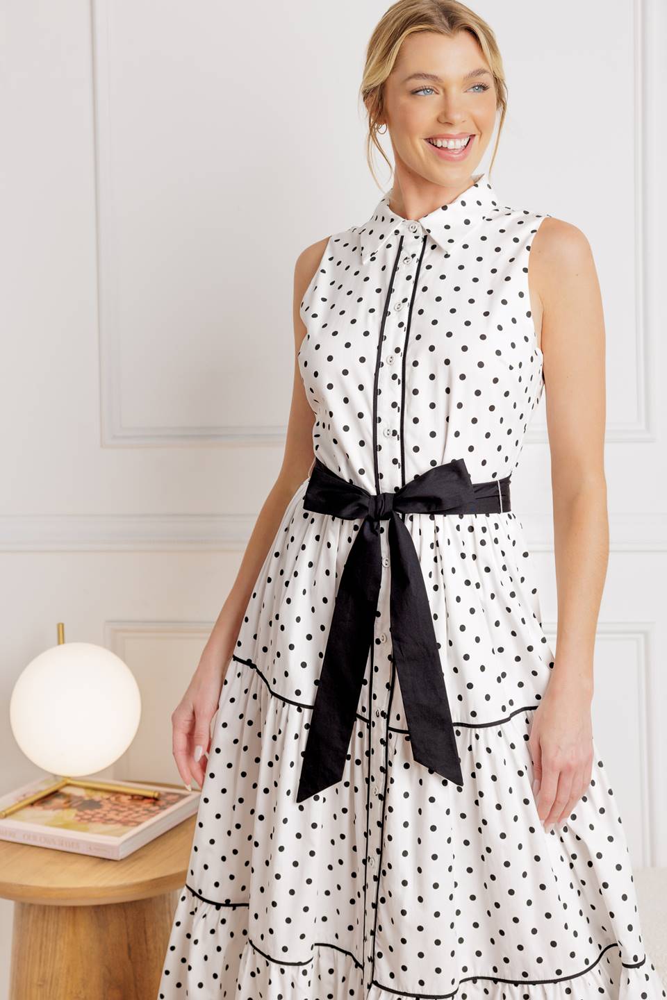 WHITE & BLACK RETRO DOTS MIDI DRESS | LADY BLACK TIE WHITE & BLACK RETRO DOTS MIDI DRESS | LADY BLACK TIE