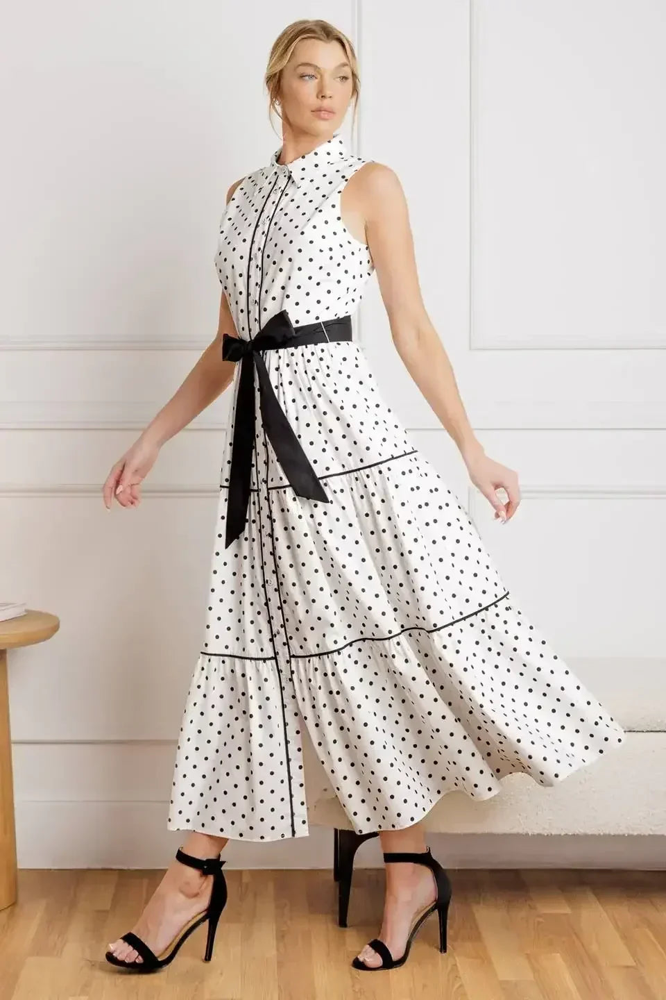 RETRO DOTS - WHITE & BLACK POLKA DOT MIDI DRESS