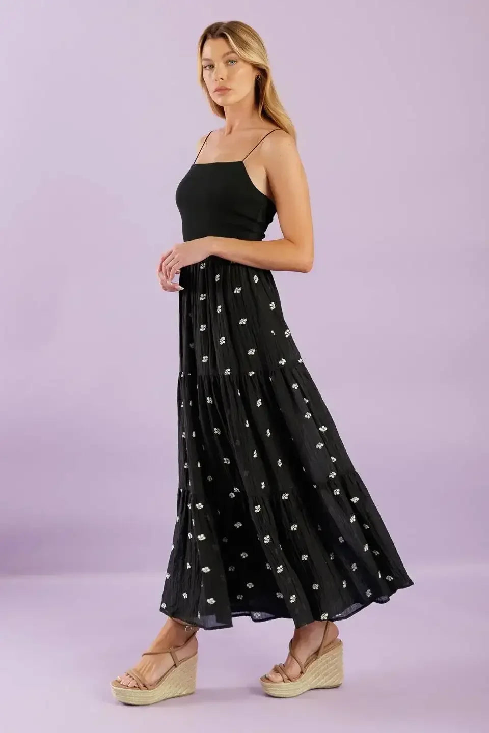 FADE INTO YOU EMBROIDERED MIDI DRESS - BLACK