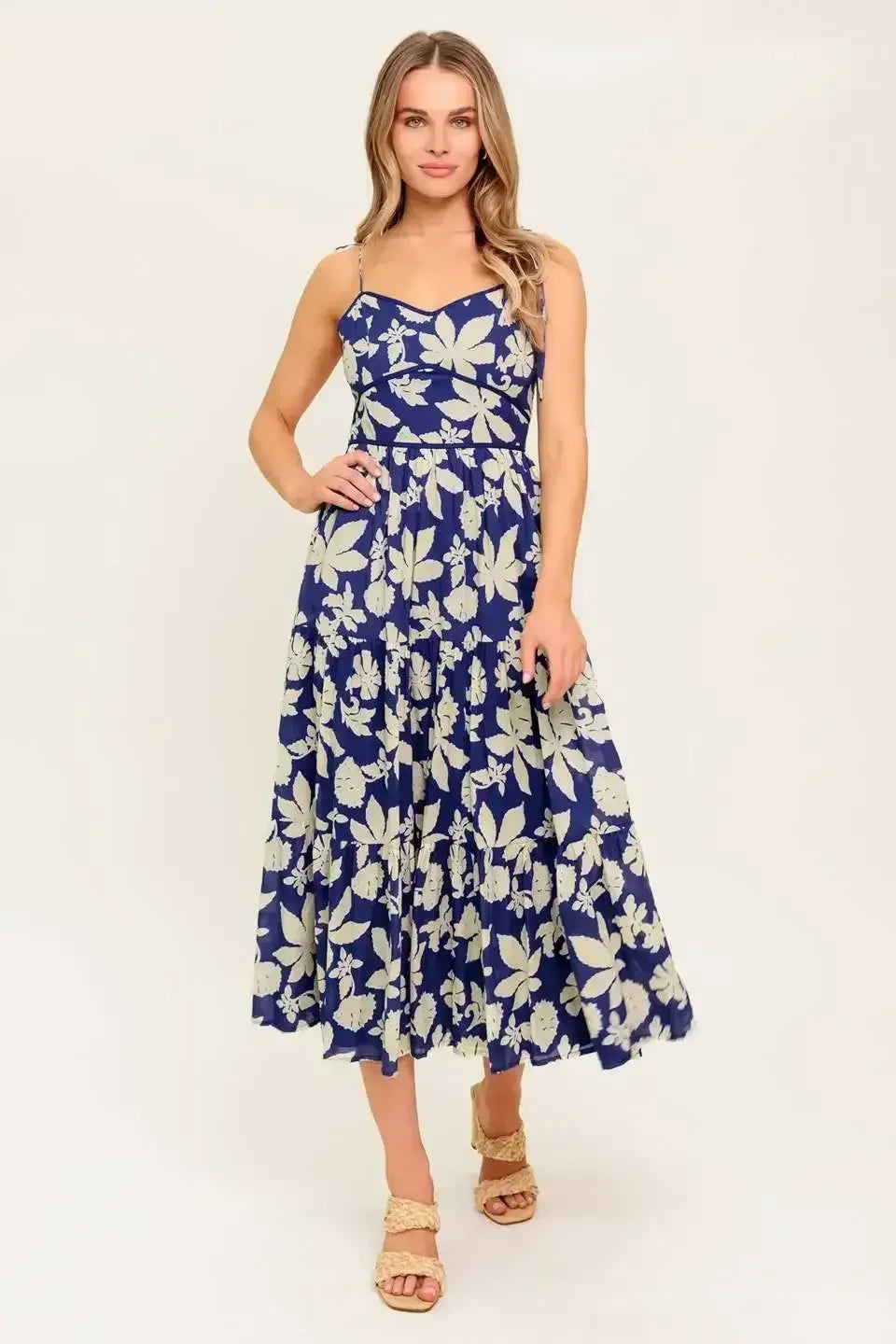 Blue floral midi dress with a sweetheart neckline, shoulder tie, waist yoke, tiered skirt, and back zipper closure.