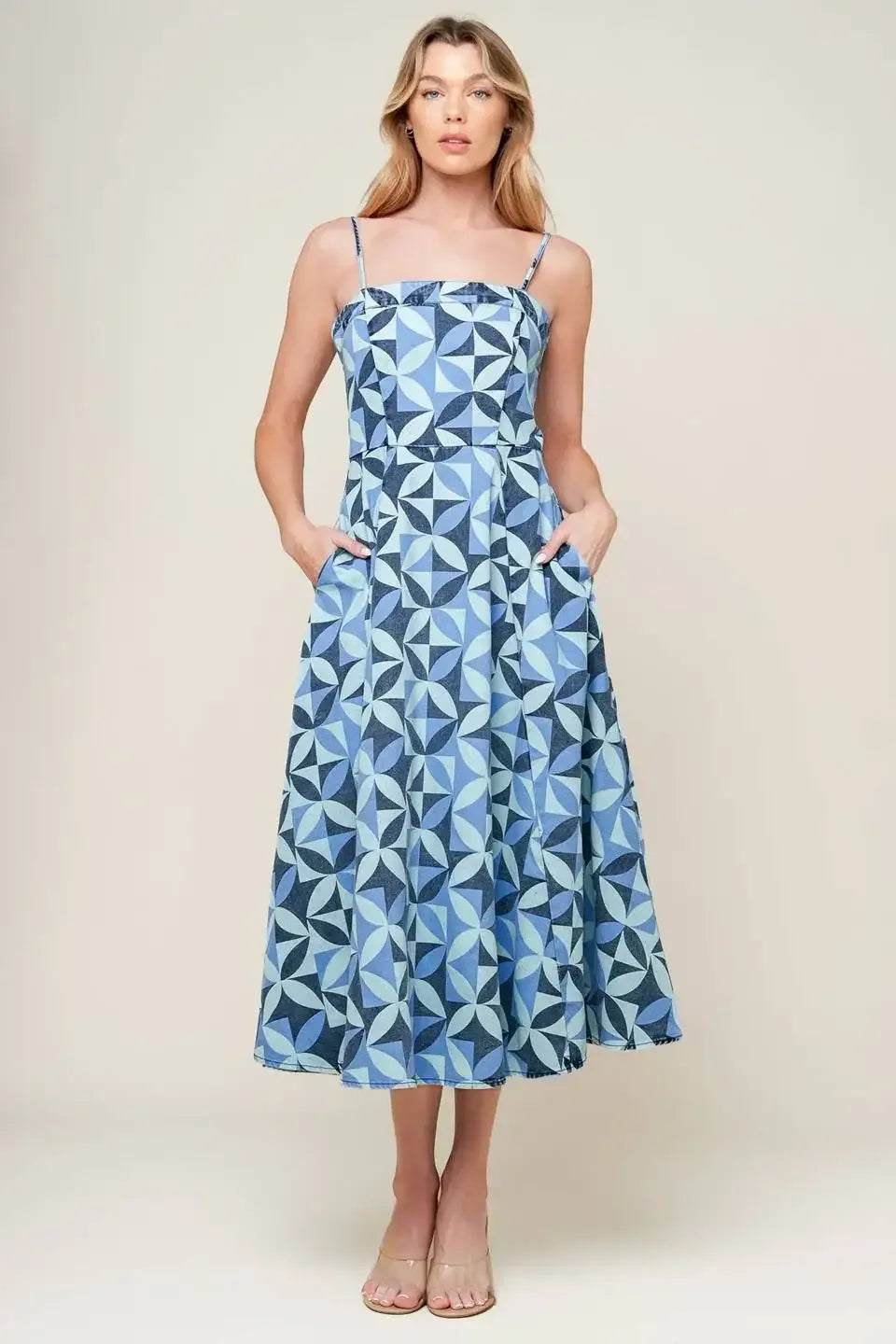 GWENNY - GEOMETRIC BLUE DENIM MIDI DRESS