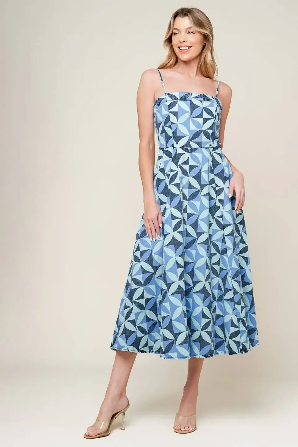 GWENNY - GEOMETRIC BLUE DENIM MIDI DRESS