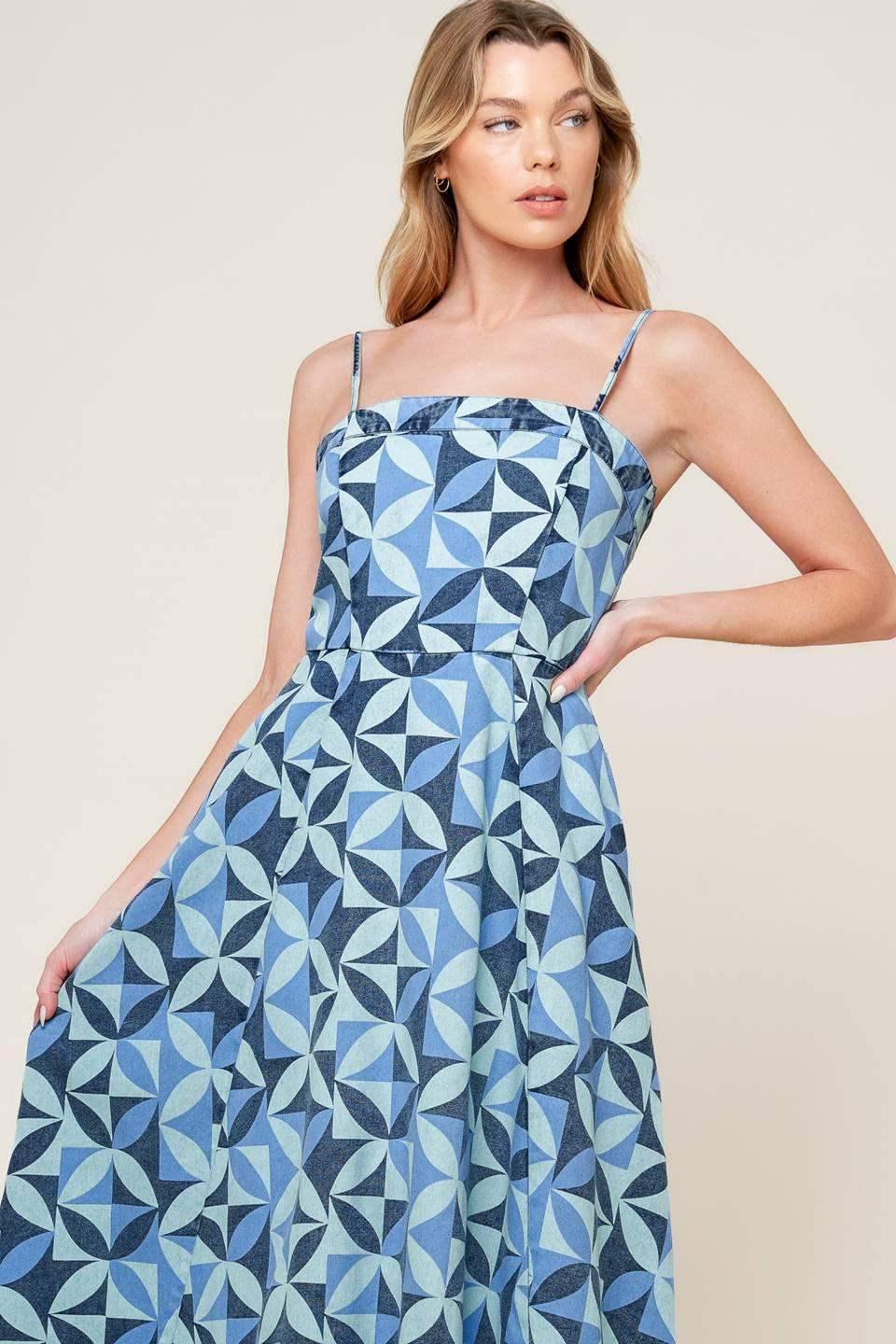 GWENNY - GEOMETRIC BLUE DENIM MIDI DRESS