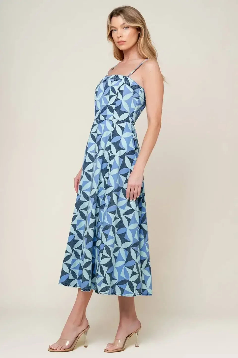 GWENNY - GEOMETRIC BLUE DENIM MIDI DRESS