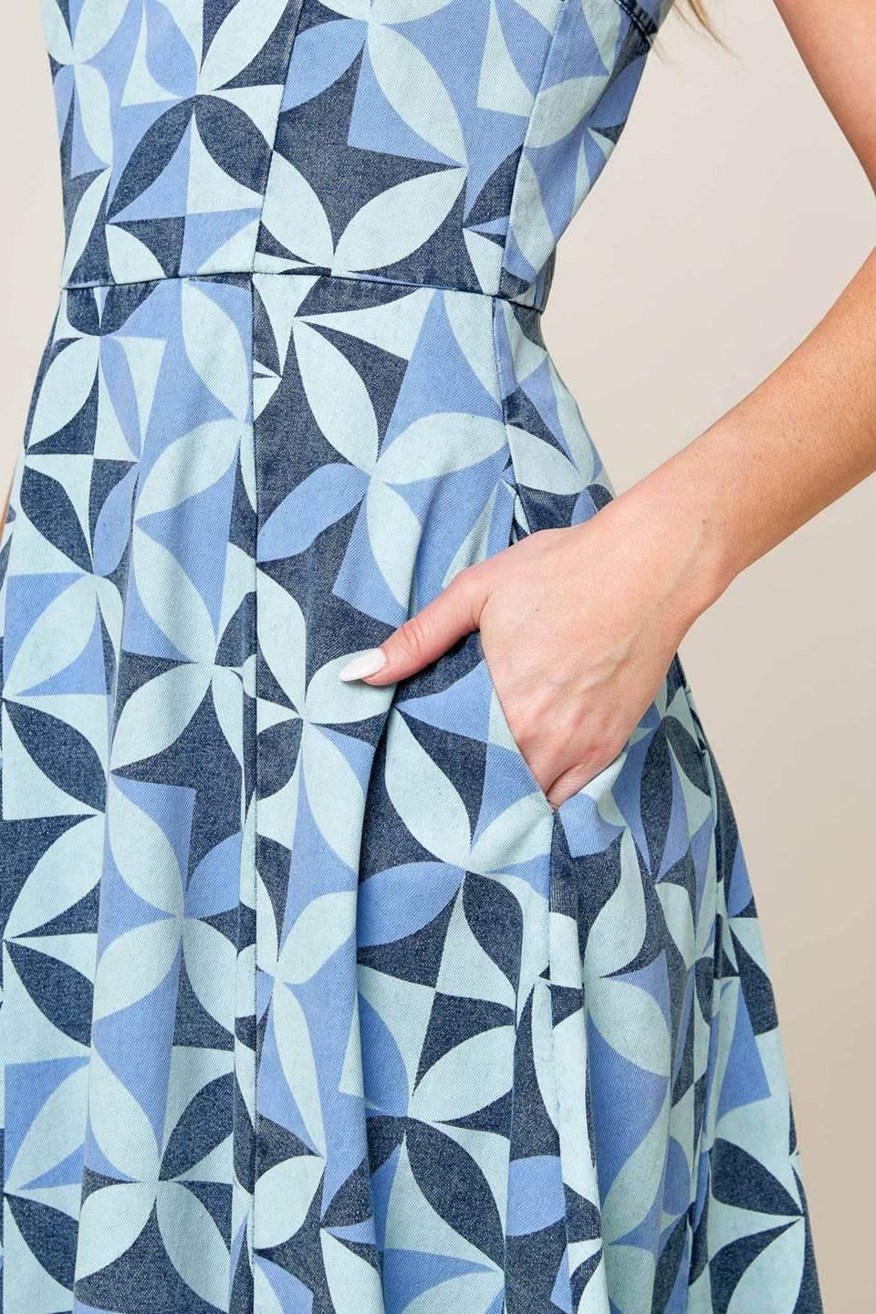 GWENNY - GEOMETRIC BLUE DENIM MIDI DRESS