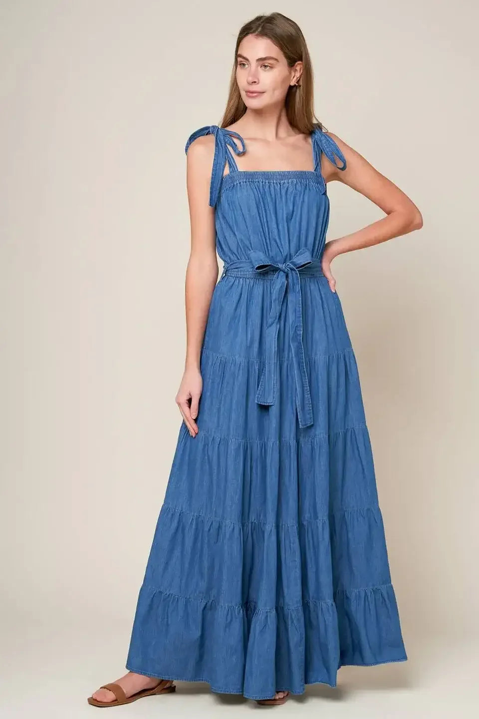 TRUDY TIERED MAXI DRESS - BLUE CHAMBRAY