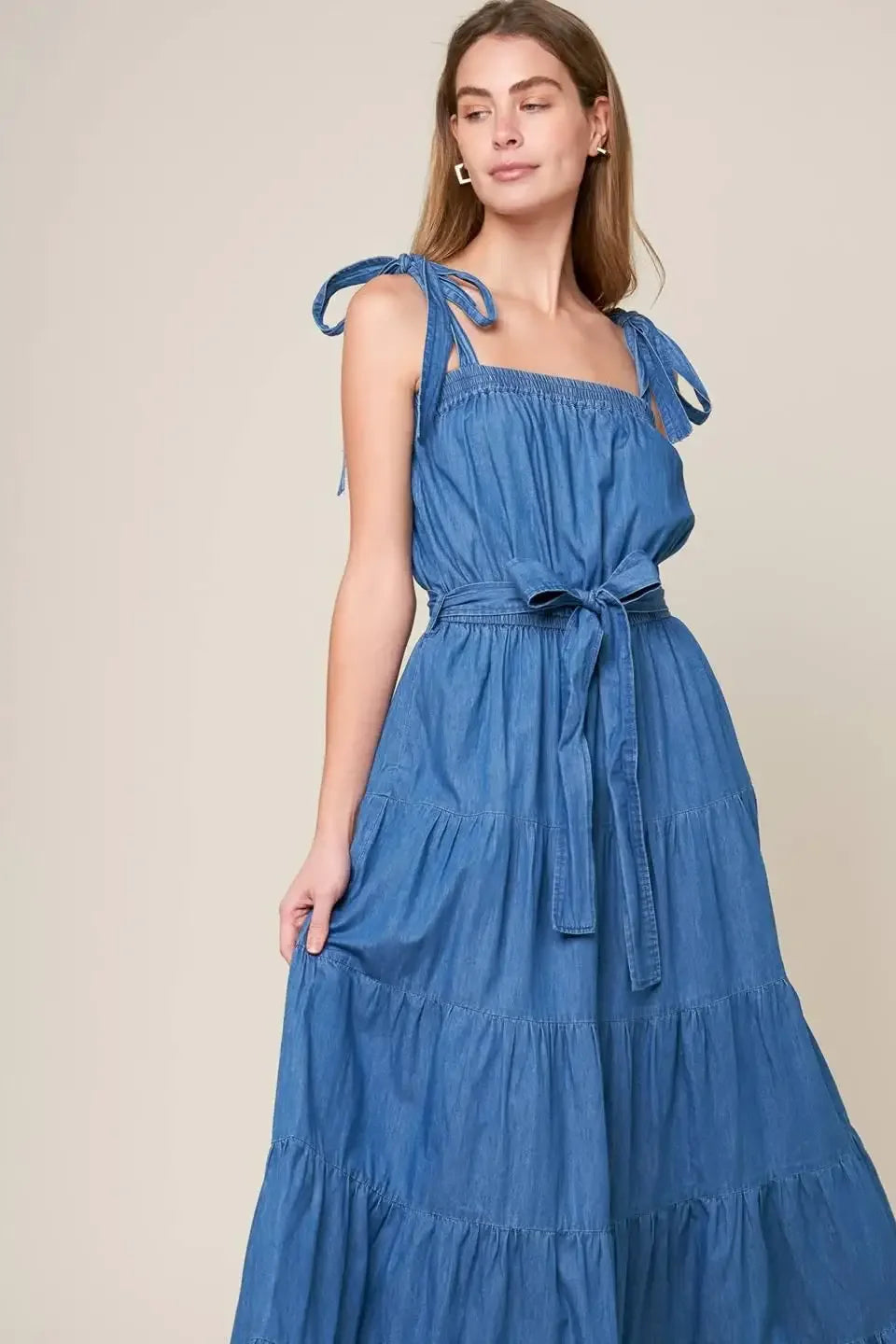 TRUDY TIERED MAXI DRESS - BLUE CHAMBRAY