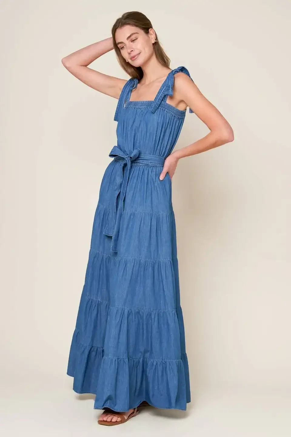TRUDY TIERED MAXI DRESS - BLUE CHAMBRAY