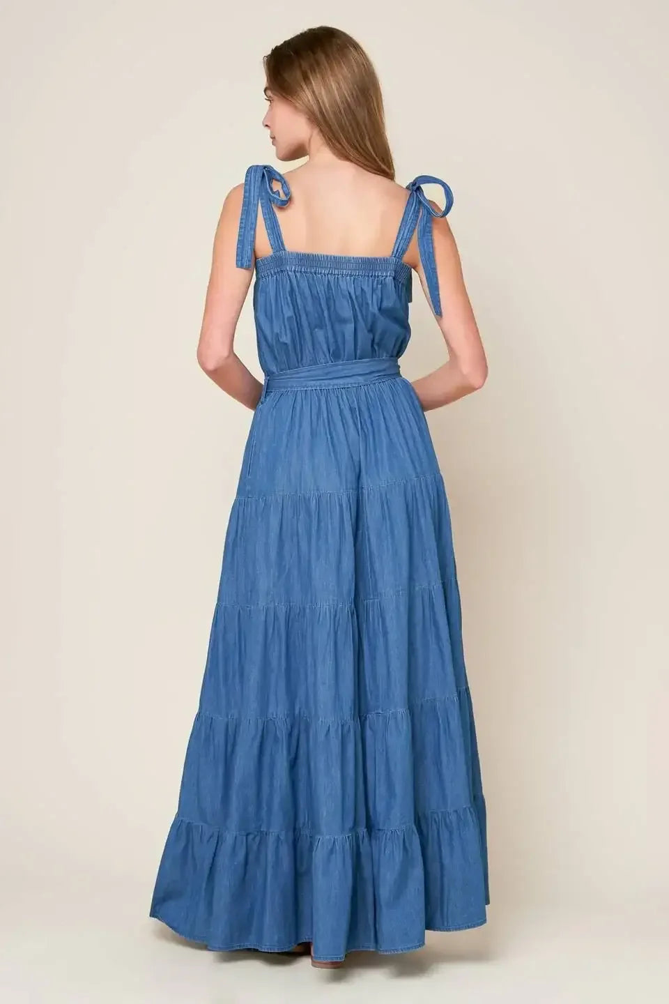 TRUDY TIERED MAXI DRESS - BLUE CHAMBRAY