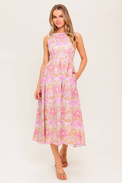 UNDER THE SUN - PINK MIDI DRESS WITH POCKETS - FINAL SALE
