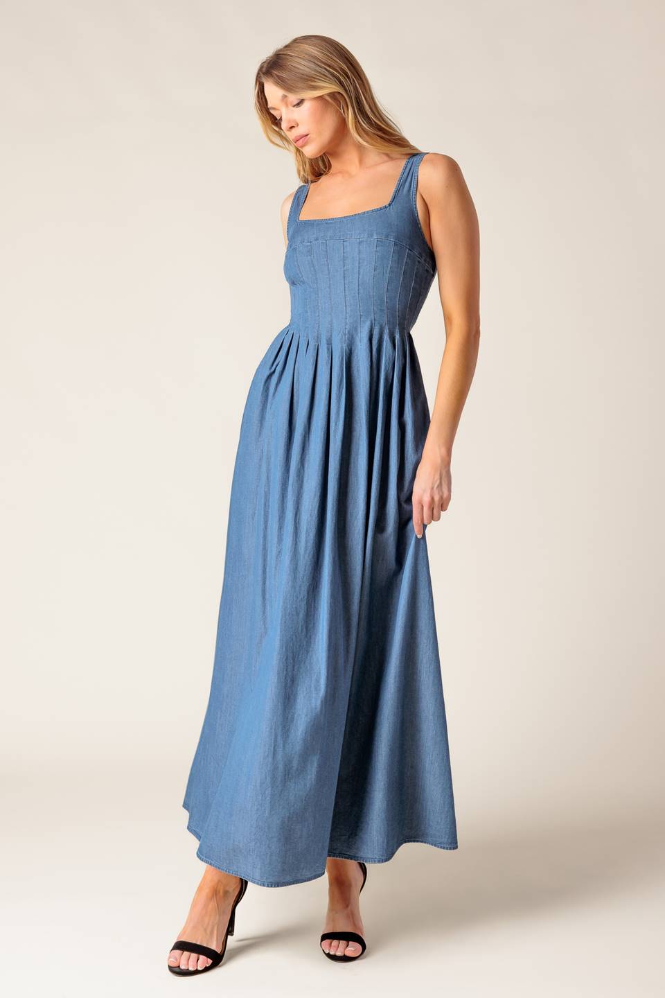 BLUE RIDGE DREAMS PINTUCK DENIM MIDI DRESS