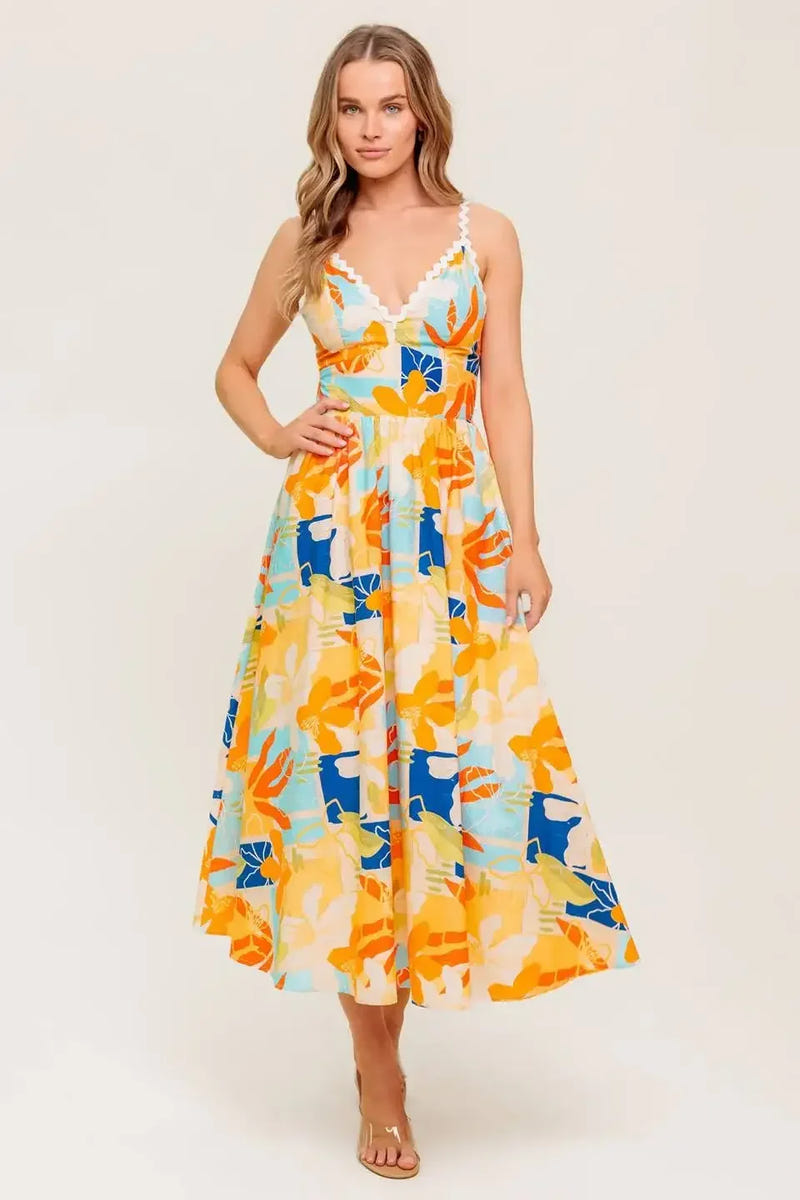 MERRITT MIDI DRESS - ORANGE & BLUE PRINT