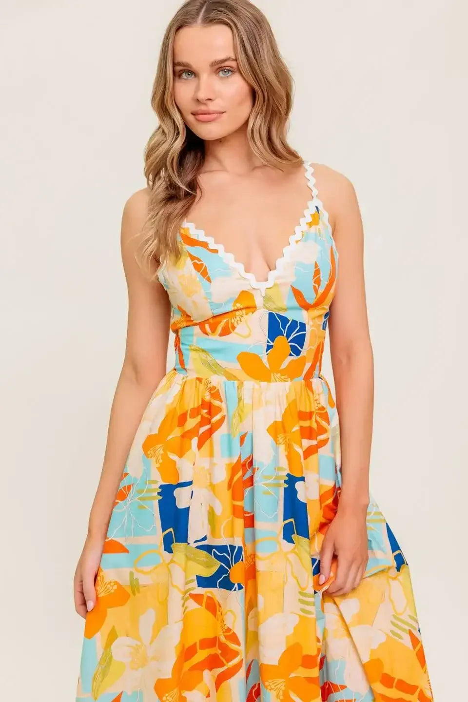 MERRITT MIDI DRESS - ORANGE & BLUE PRINT