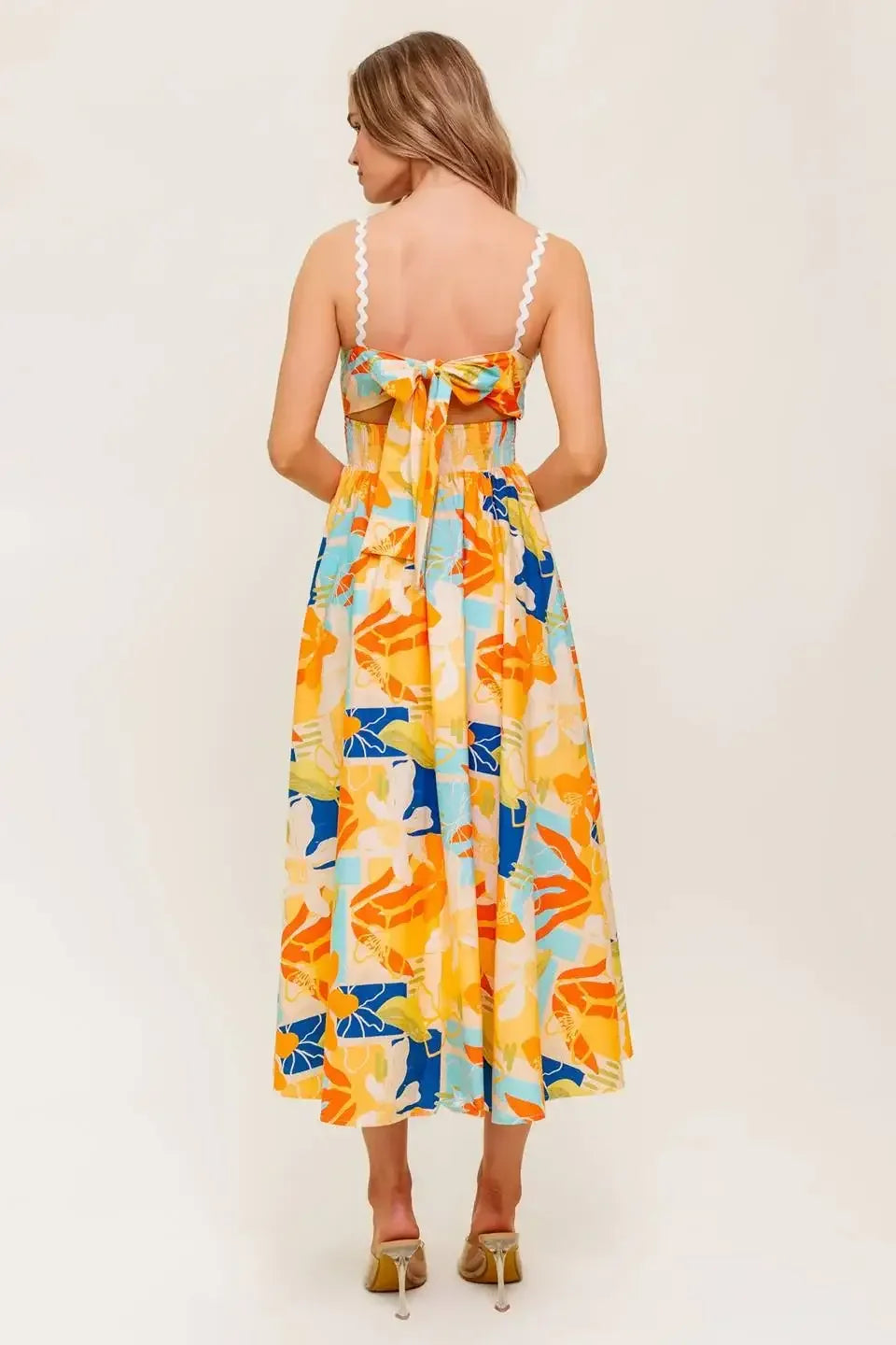 MERRITT MIDI DRESS - ORANGE & BLUE PRINT
